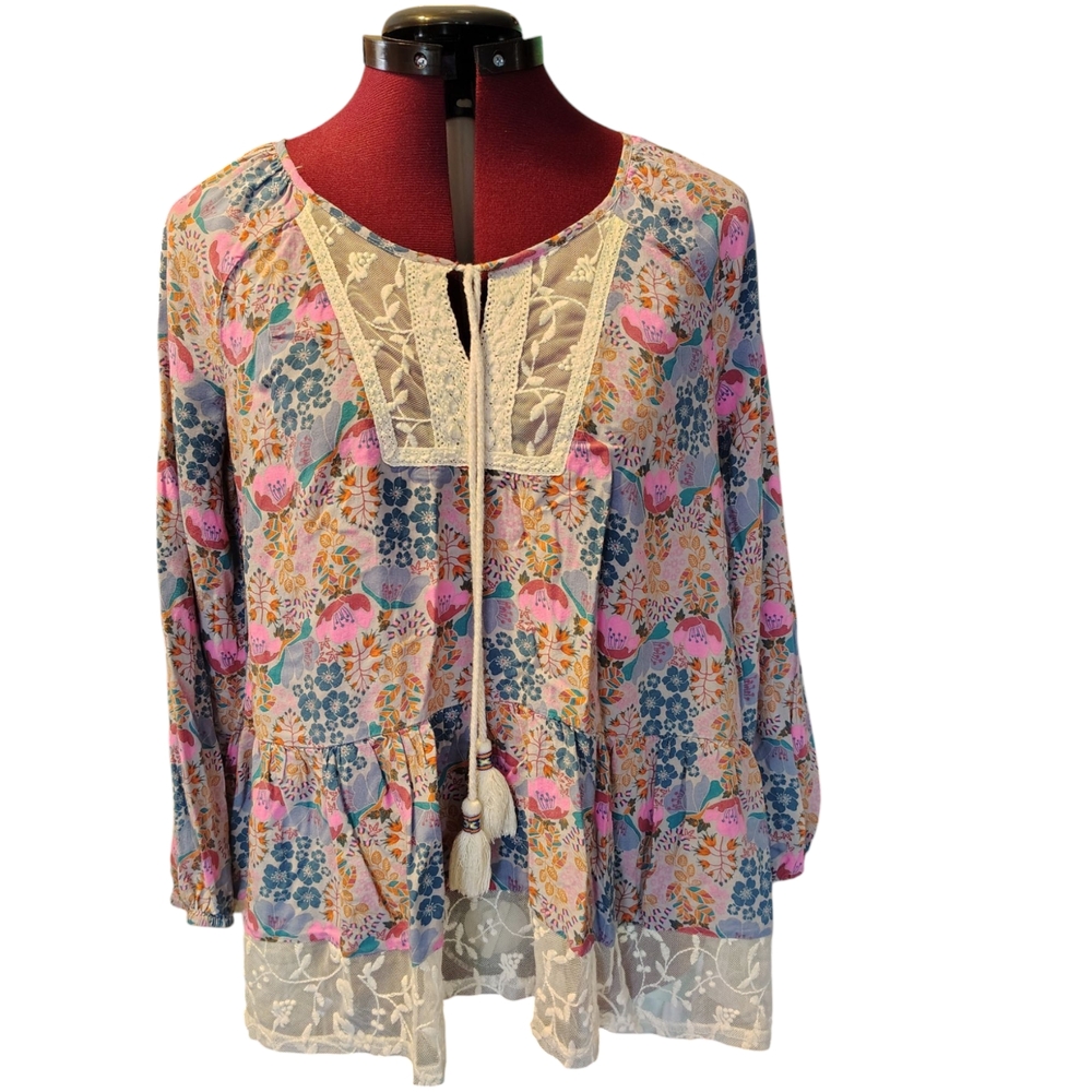 Matilda Jane Oversized Long Sleeve Tie Front Blouse Bib Collar Tasses Size S...